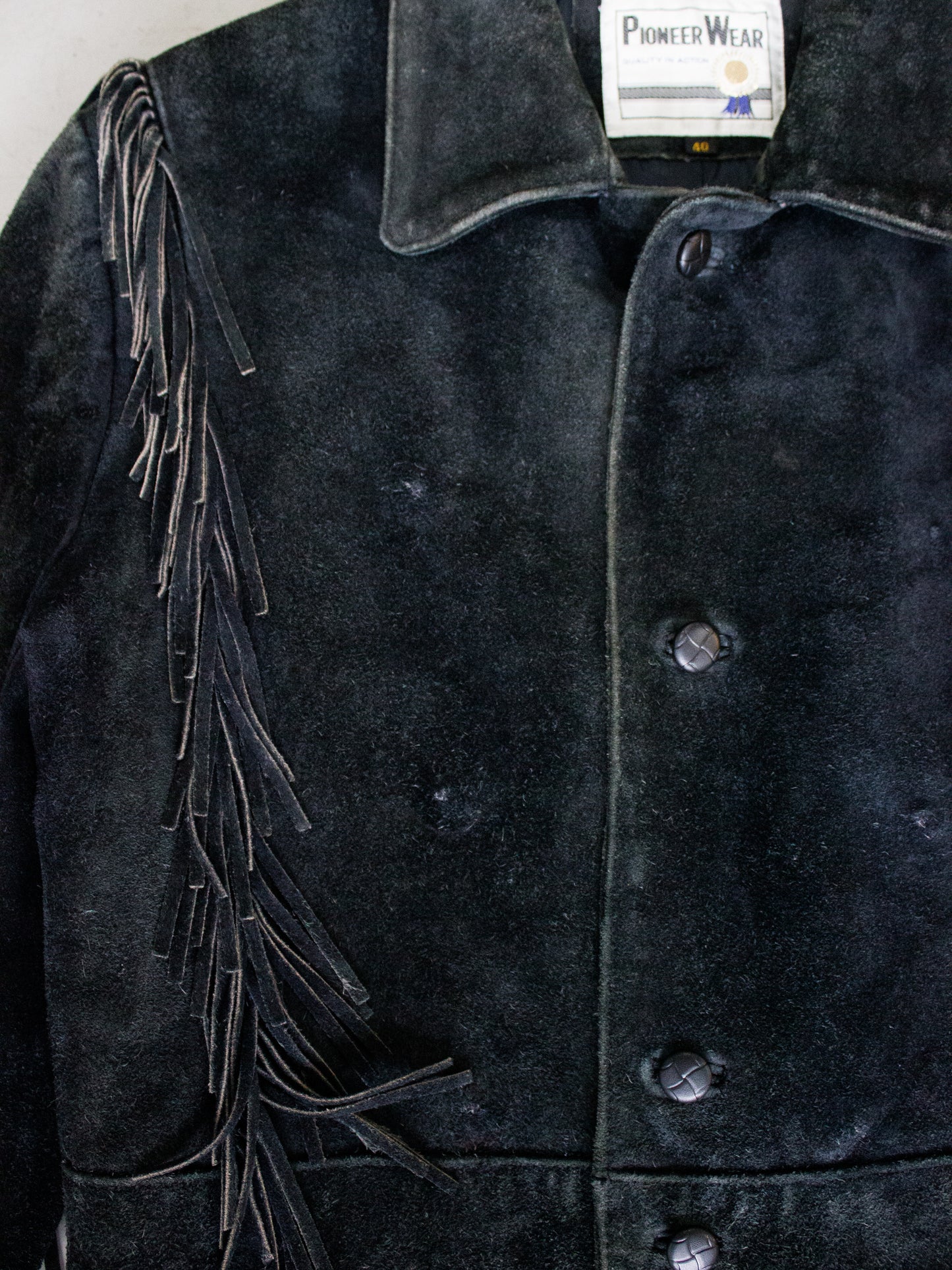 1980's Pioneer Wear Black Suede Fringe Western Jacket (Men's Medium)