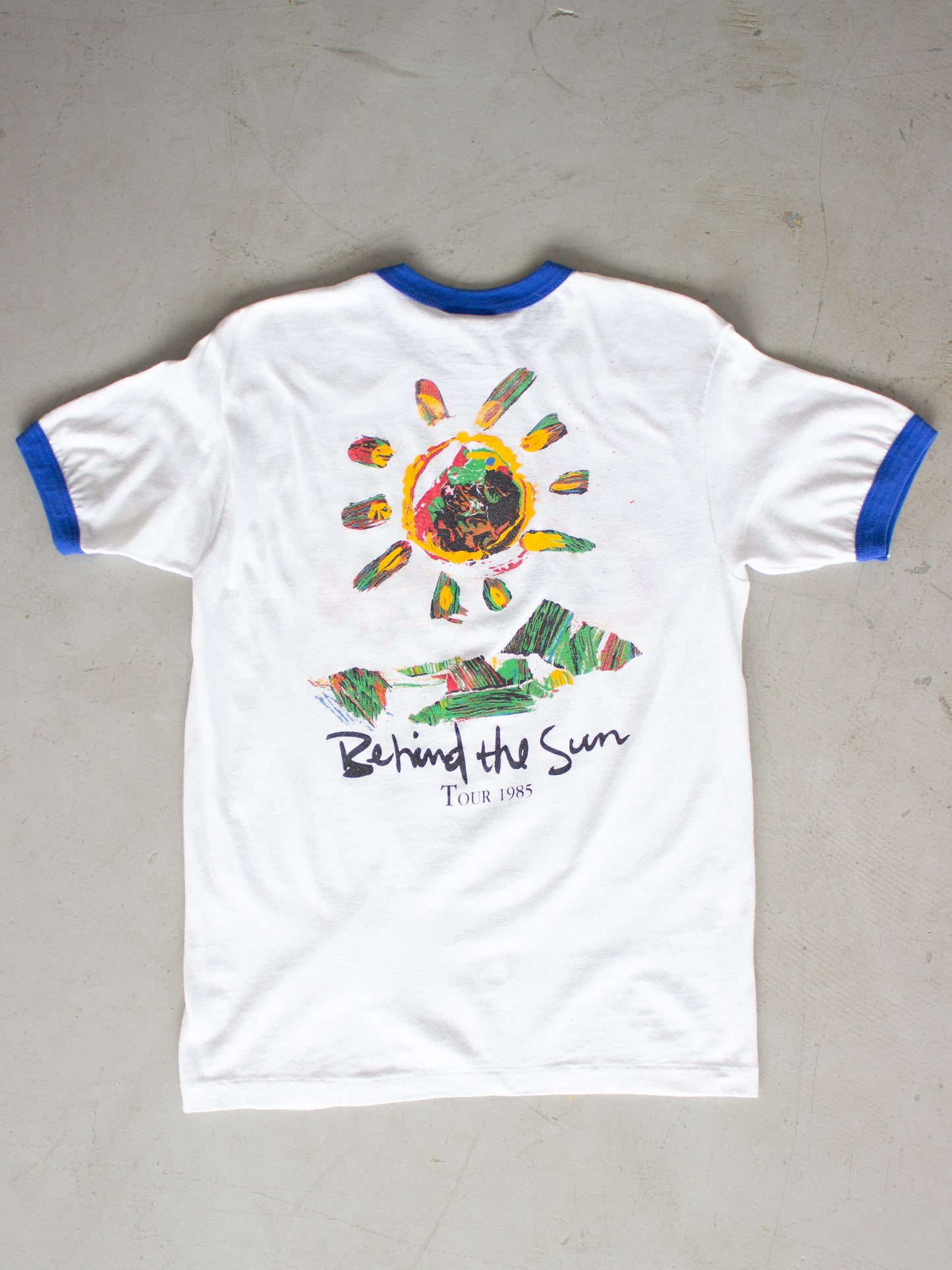 1985 Eric Clapton 'Behind The Sun' Tour White Blue Ringer Tee (Men's Medium)