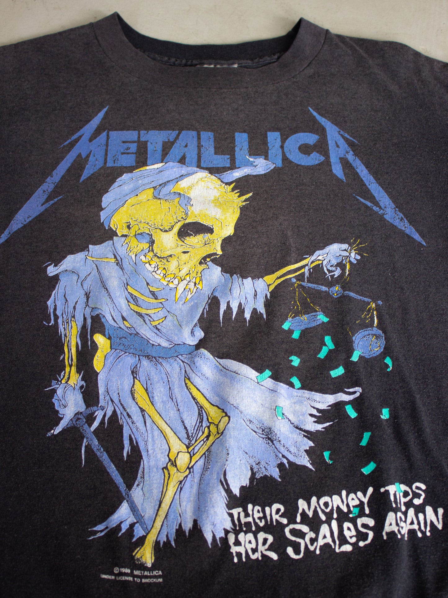 1989 Metallica 'Their Money Tips Her Scales Again' Pushead Brockum Paper Thin T-shirt (Medium)