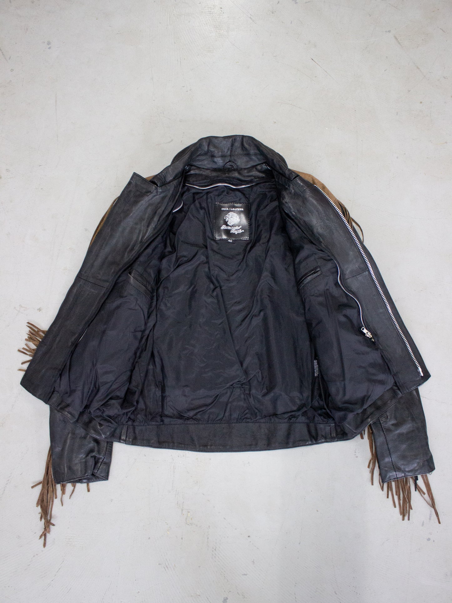 1990's Screaming Eagle Fringe Two Toned Leather Motorcycle Jacket (Medium-Large)