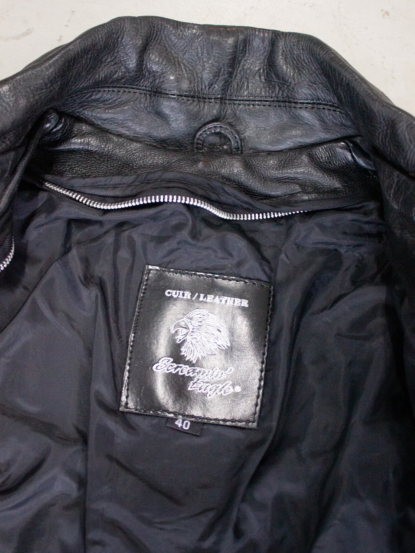 1990's Screaming Eagle Fringe Two Toned Leather Motorcycle Jacket (Medium-Large)