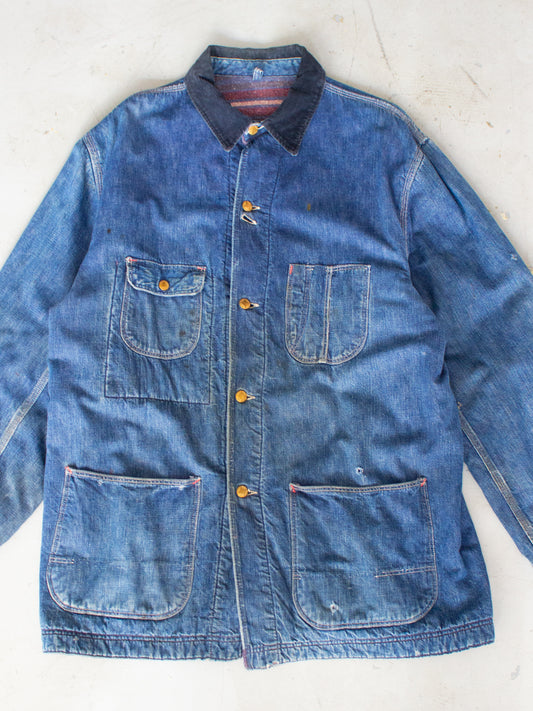 Vintage Blanket Lined Chore Denim Jacket with Striped Wool Lining Medium Large