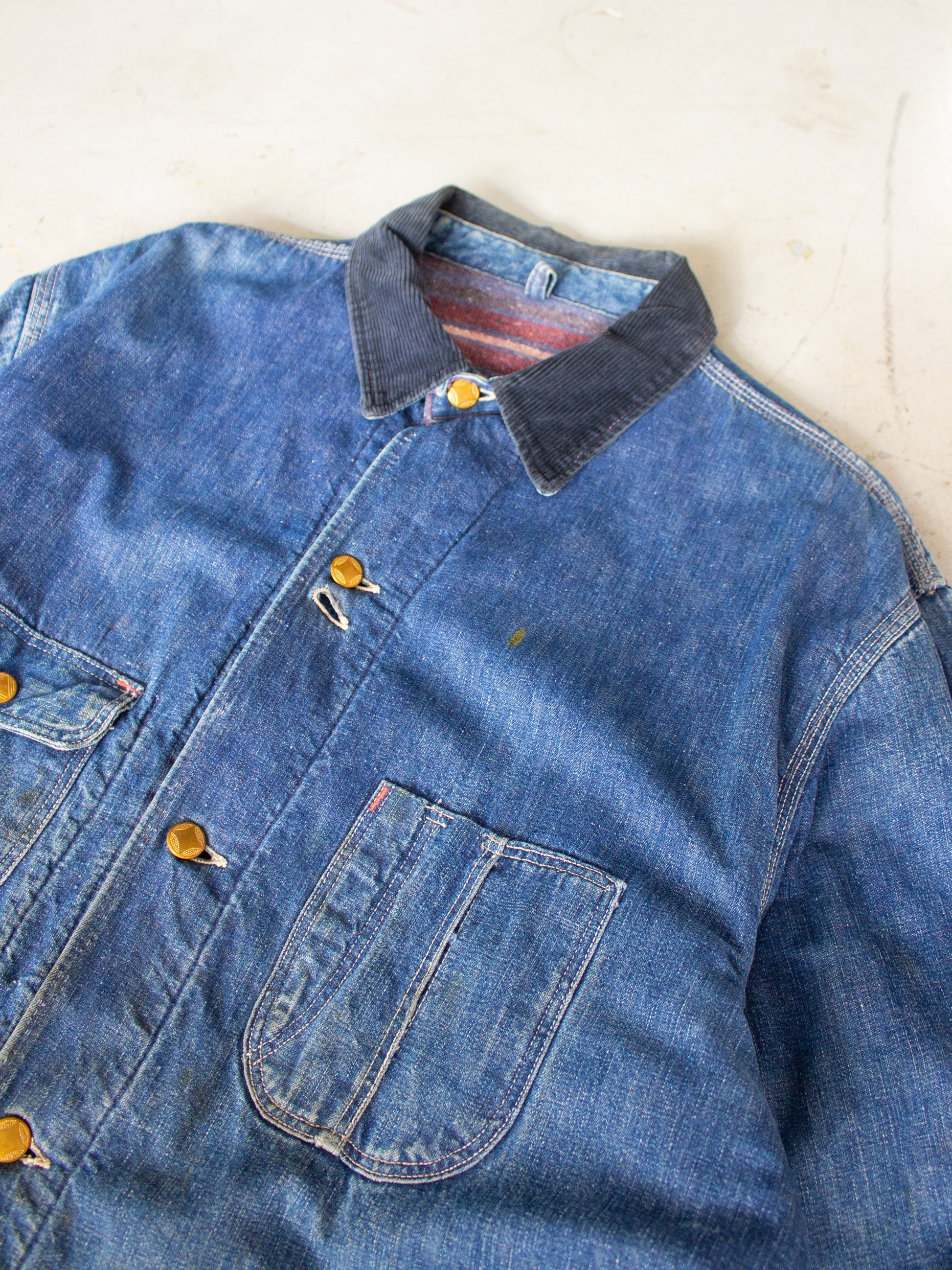 Vintage Blanket Lined Chore Denim Jacket with Striped Wool Lining