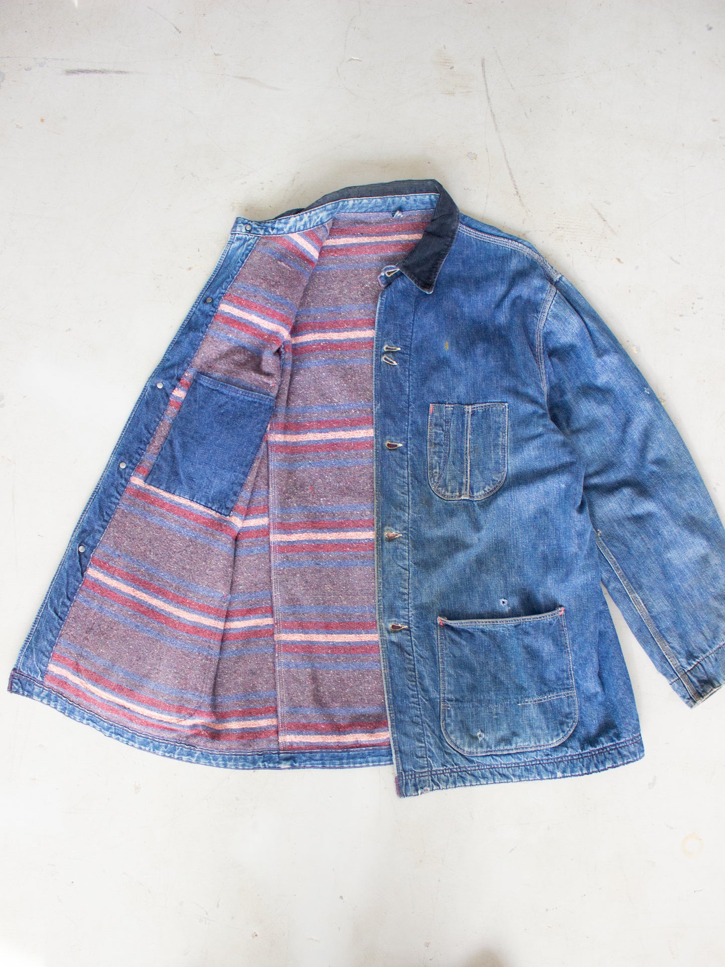 Vintage Blanket Lined Chore Denim Jacket with Striped Wool Lining Medium Large