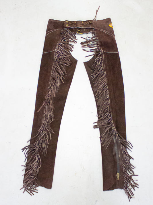 Vintage Brown Suede Fringe Western Chaps with Horse Embroidery (Small to XS)