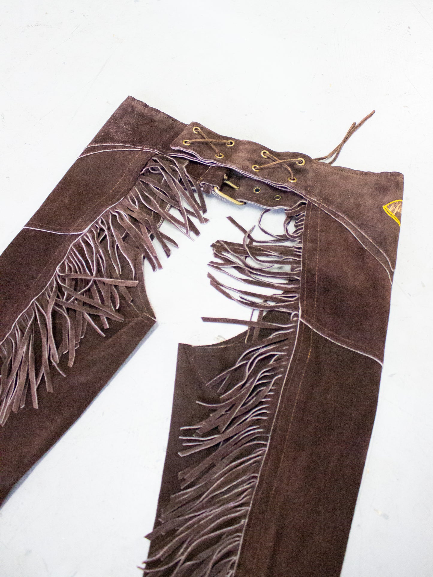 Vintage Brown Suede Fringe Western Chaps with Horse Embroidery (Small to XS)