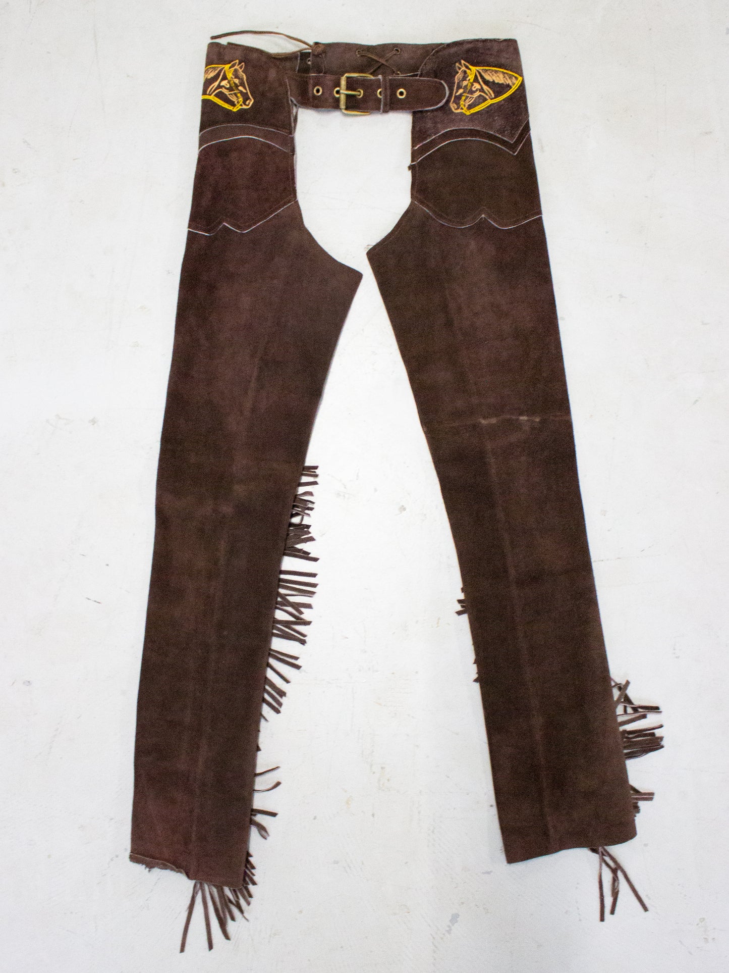 Vintage Brown Suede Fringe Western Chaps with Horse Embroidery (Small to XS)