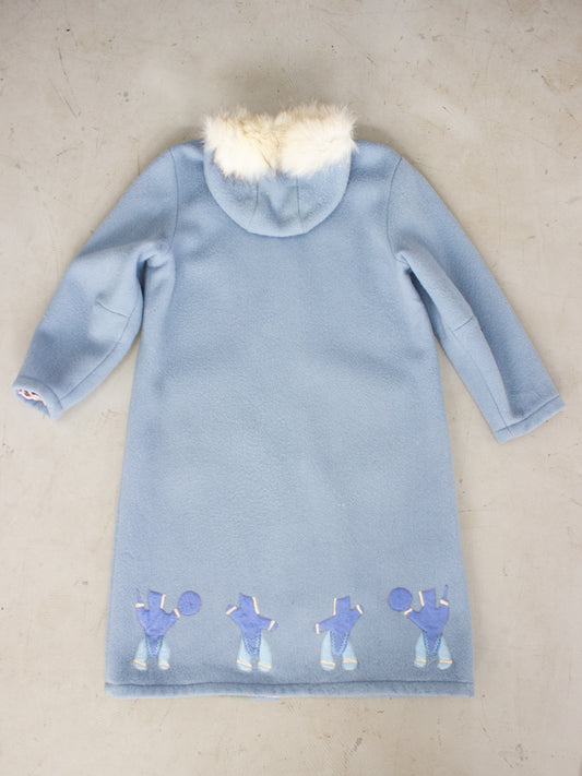 Vintage Inuvik Baby Blue Wool Winter Parka with Fox Fur Hood Made in Canadian Arctic (Size Large)