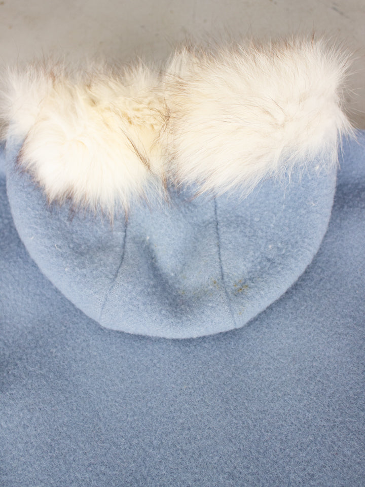 Vintage Inuvik Baby Blue Wool Winter Parka with Fox Fur Hood Made in Canadian Arctic (Size Large)