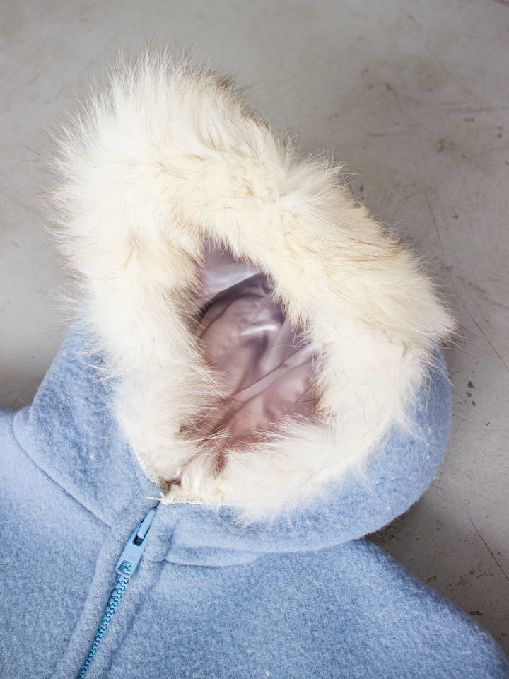 Vintage Inuvik Baby Blue Wool Winter Parka with Fox Fur Hood Made in Canadian Arctic (Size Large)