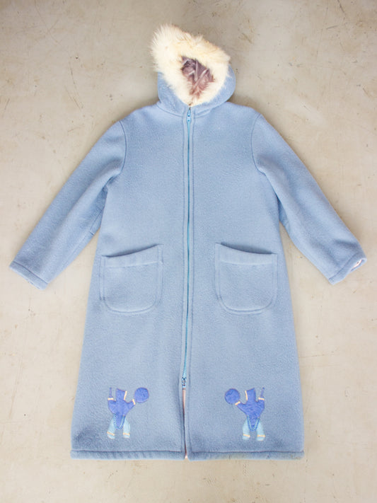 Vintage Inuvik Baby Blue Wool Winter Parka with Fox Fur Hood Made in Canadian Arctic (Size Large)