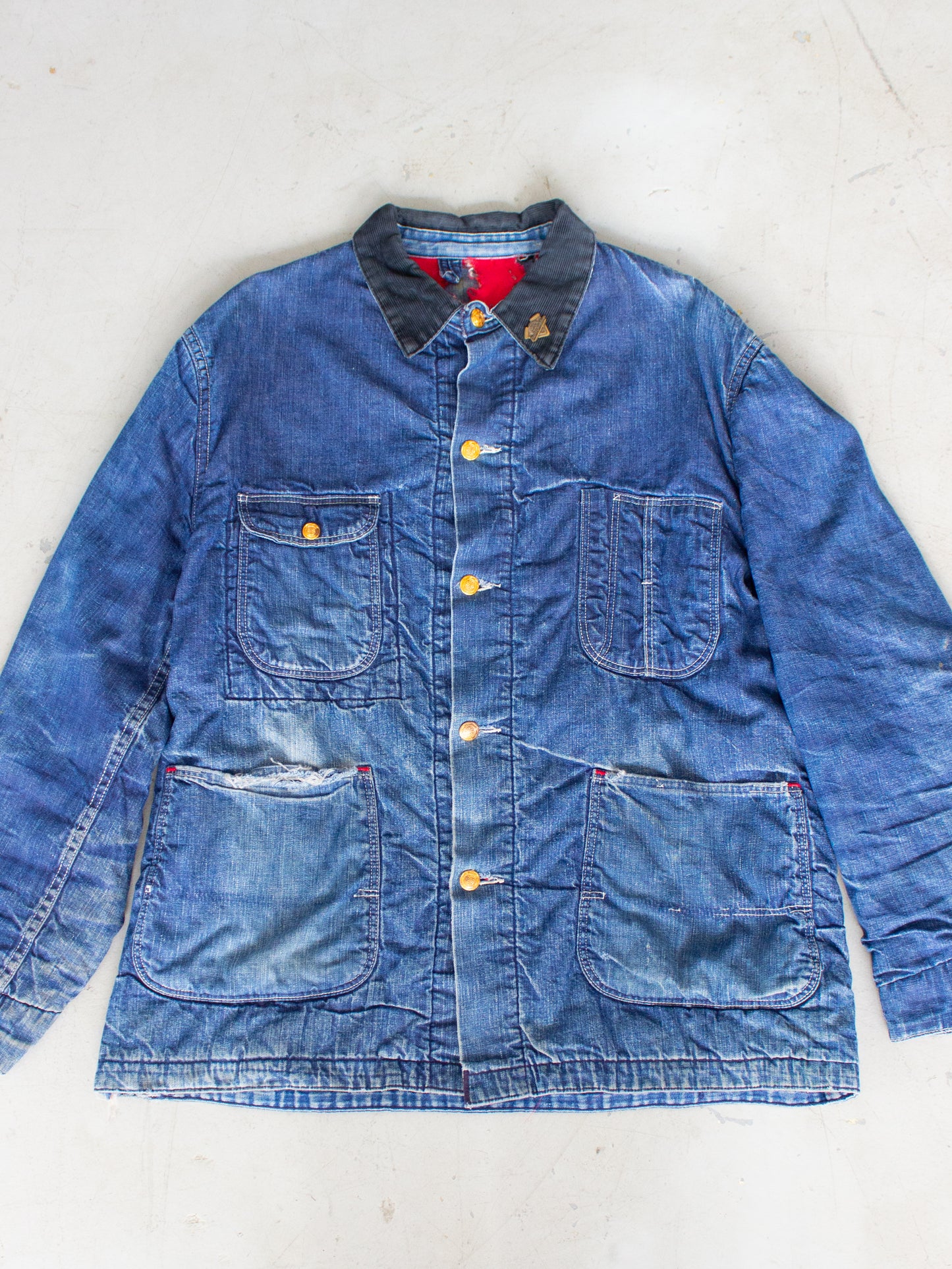Vintage Quilted Lined Chore Denim Jacket With Harley Davidson Pin Medium